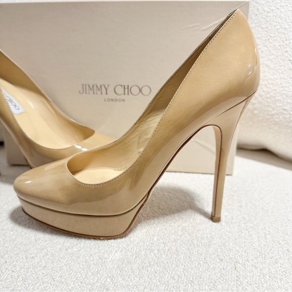 Jimmy Choo Cosmic Patent Leather Nude Platform Pumps sz 38.5 - Picture 1 of 12